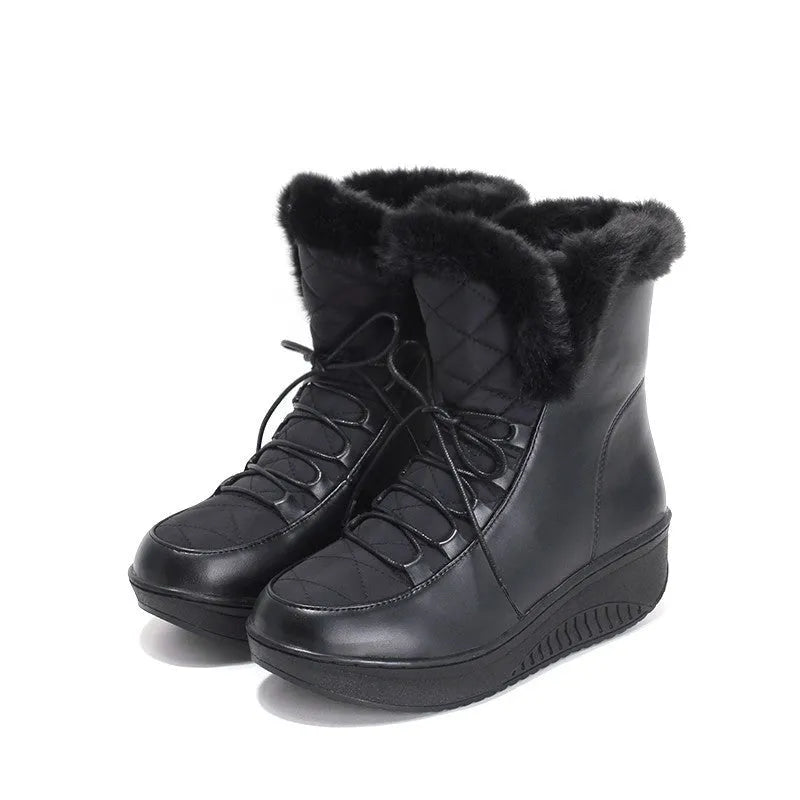 Women's black PU leather winter boots with 3cm platform sole and lace-up closure