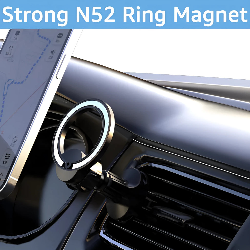 Black magnetic car phone holder mounted on vehicle air vent with O-ring design