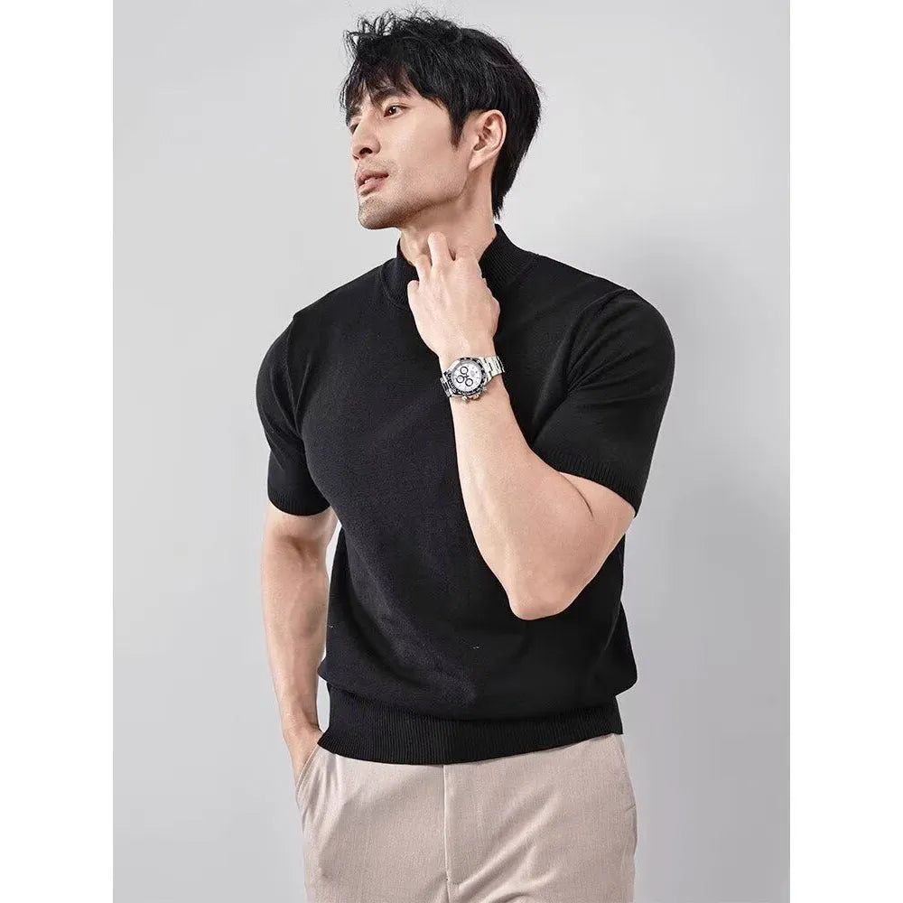 Men's ice silk half turtleneck knitwear pullover, slim fit thin solid colour top in white, black, grey, green and coffee