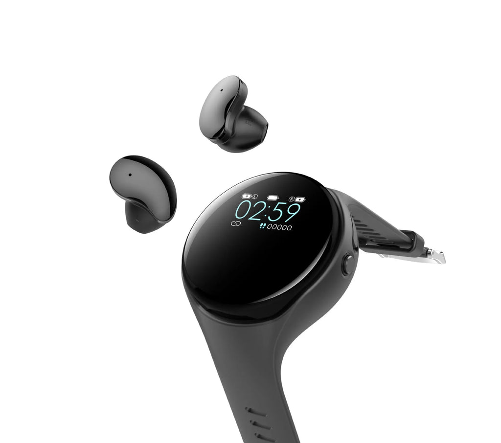 Black detachable smart bracelet and Bluetooth headset combo for fitness tracking and wireless calls.