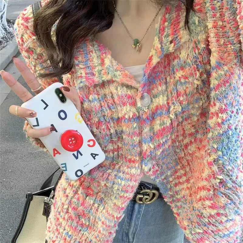Retro style knitted rainbow cardigan in pink or green with free size slim fit