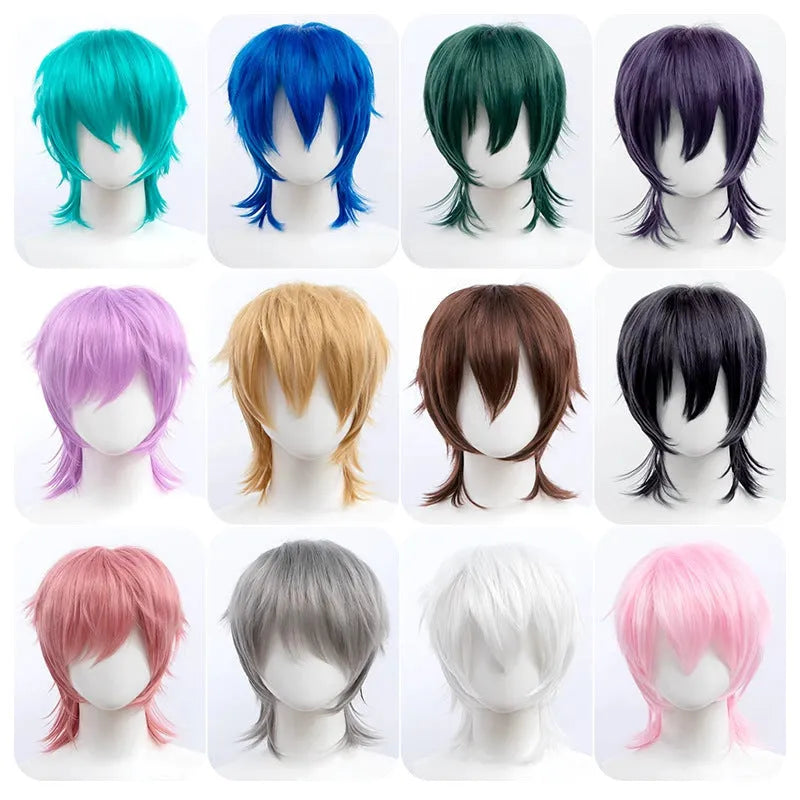 Men's short anime cosplay wig in high-temperature fibre on a wig stand, showing lengthened hair tail.