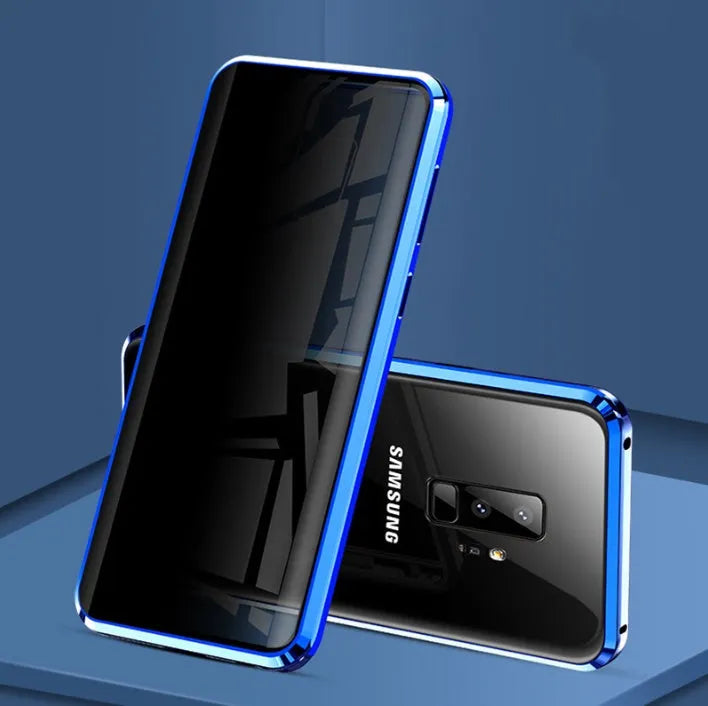 Black anti-peeping magnetic clamshell phone case for Samsung phones shown closed.