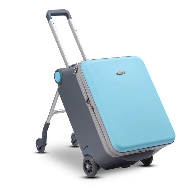 20-inch children's ride-on suitcase in blue with guardrail, cushion, brake, universal wheels, and PC shell.
