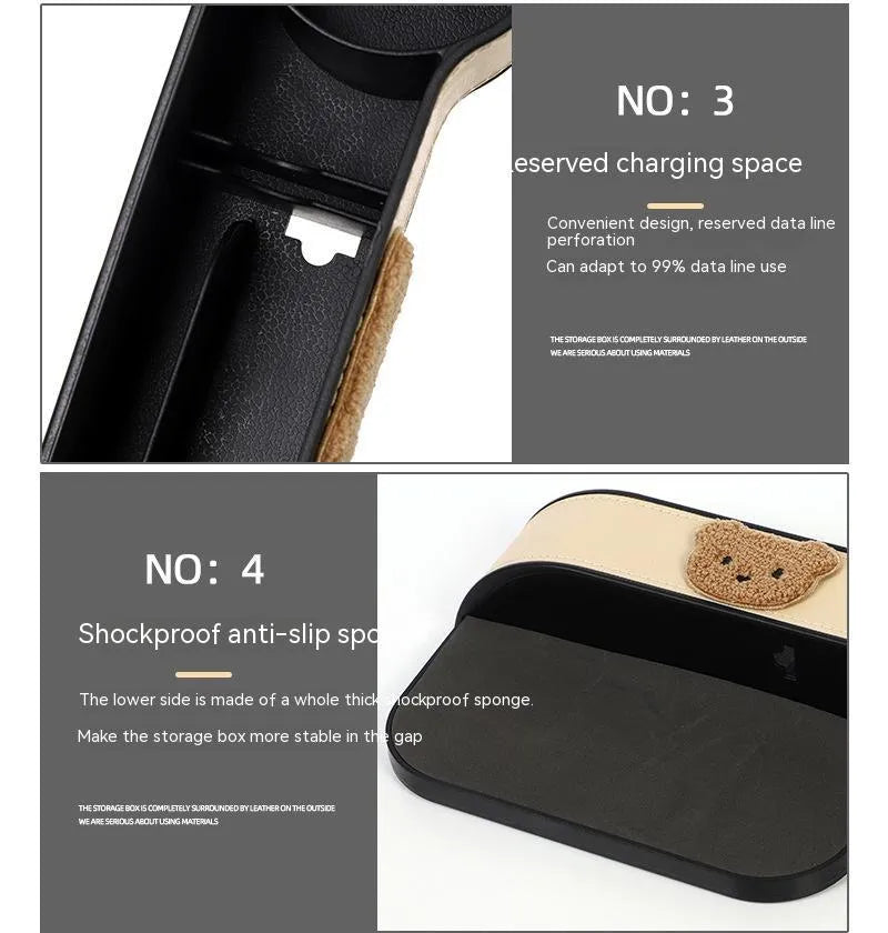 Leather car seat gap storage box with cartoon bear design for organising small vehicle items