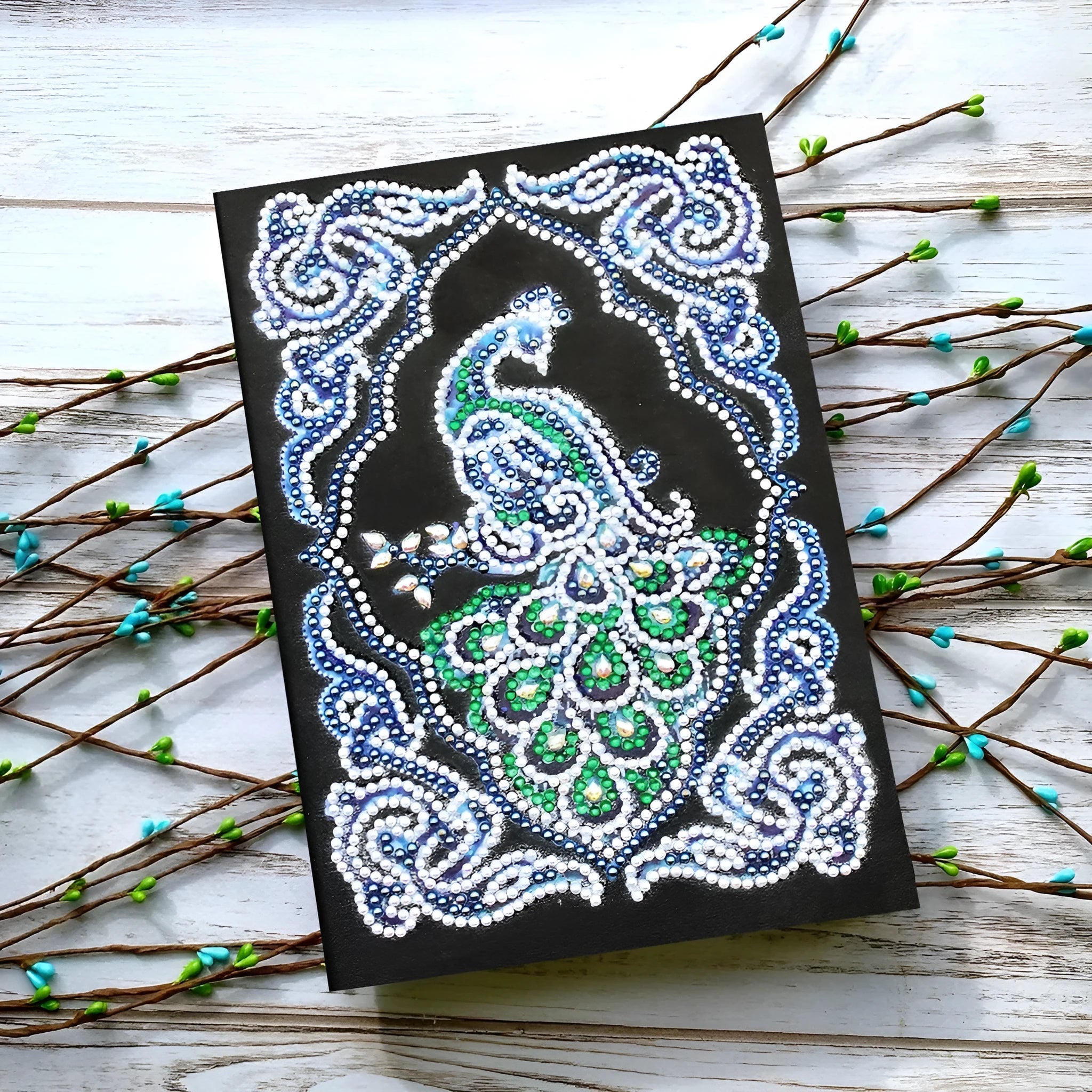 Peacock Beauty diamond painting journal notebook A5 size with black cover and textured drill patterns