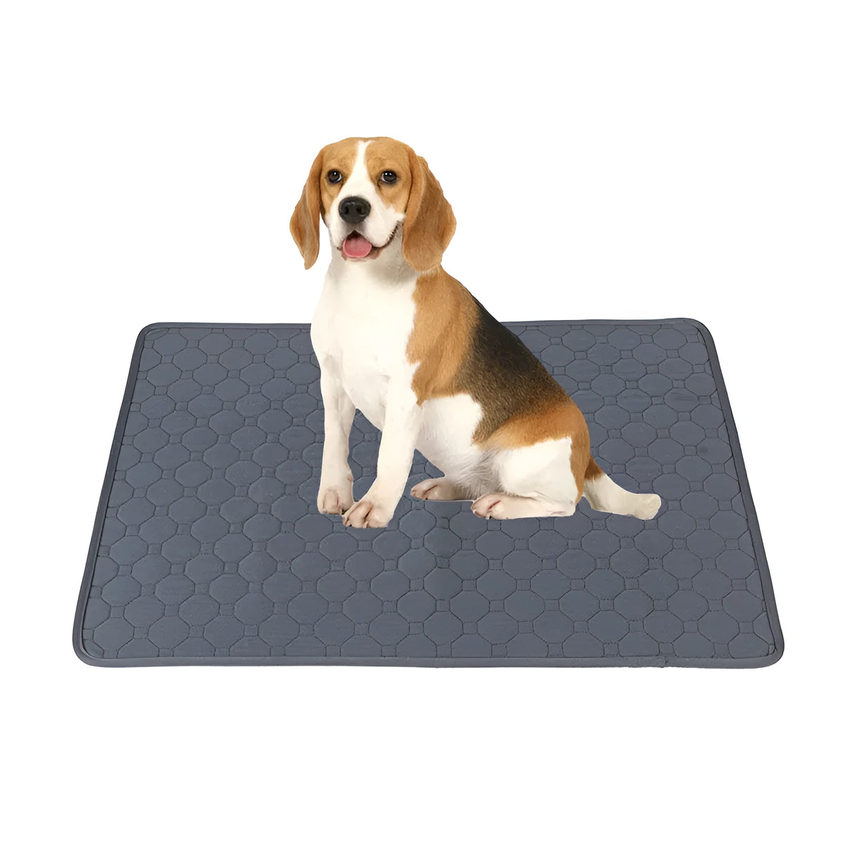 Two neutral-coloured washable dog pee pads, one tan and one grey, showing textured fabric surface.