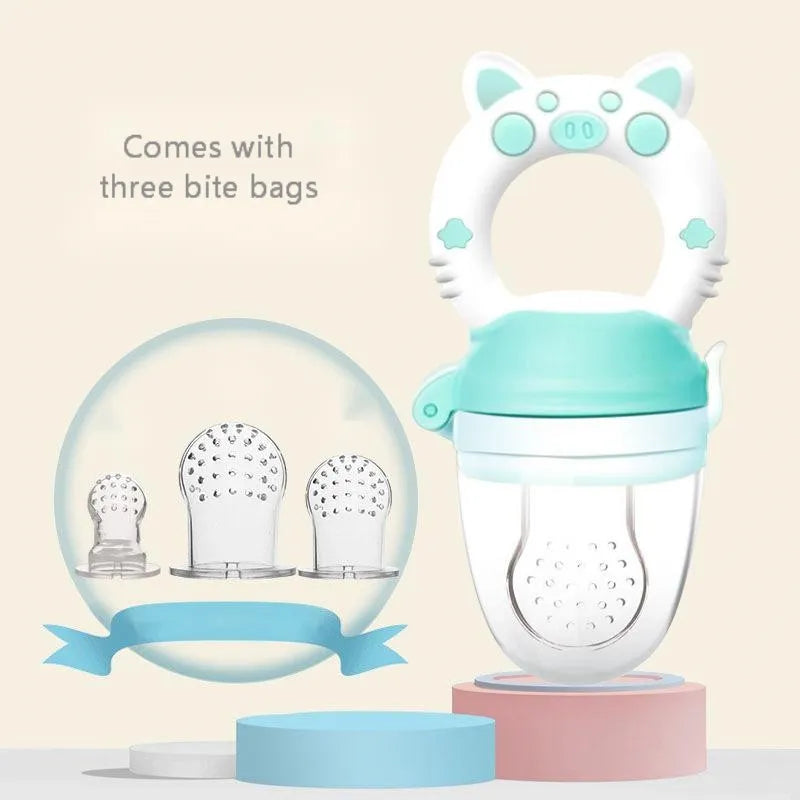 Silicone baby teether in blue, green, and pink colours with mouthpiece design options
