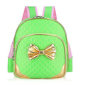 Medium nylon kindergarten school bag with zipper pocket, double straps, and colours yellow, green, blue, pink, rose red