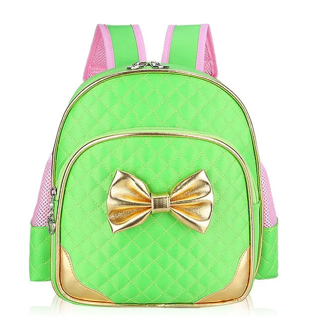 Medium nylon kindergarten school bag with zipper pocket, double straps, and colours yellow, green, blue, pink, rose red