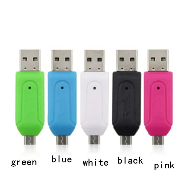OTG card reader with USB and Micro USB interfaces for SD and TF memory cards in multiple colours
