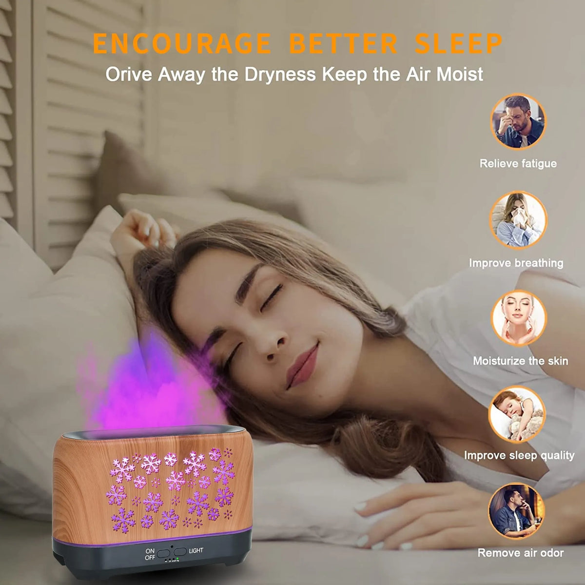 Wood grain snowflake pattern aromatherapy humidifier with colourful flame effect lighting on desktop