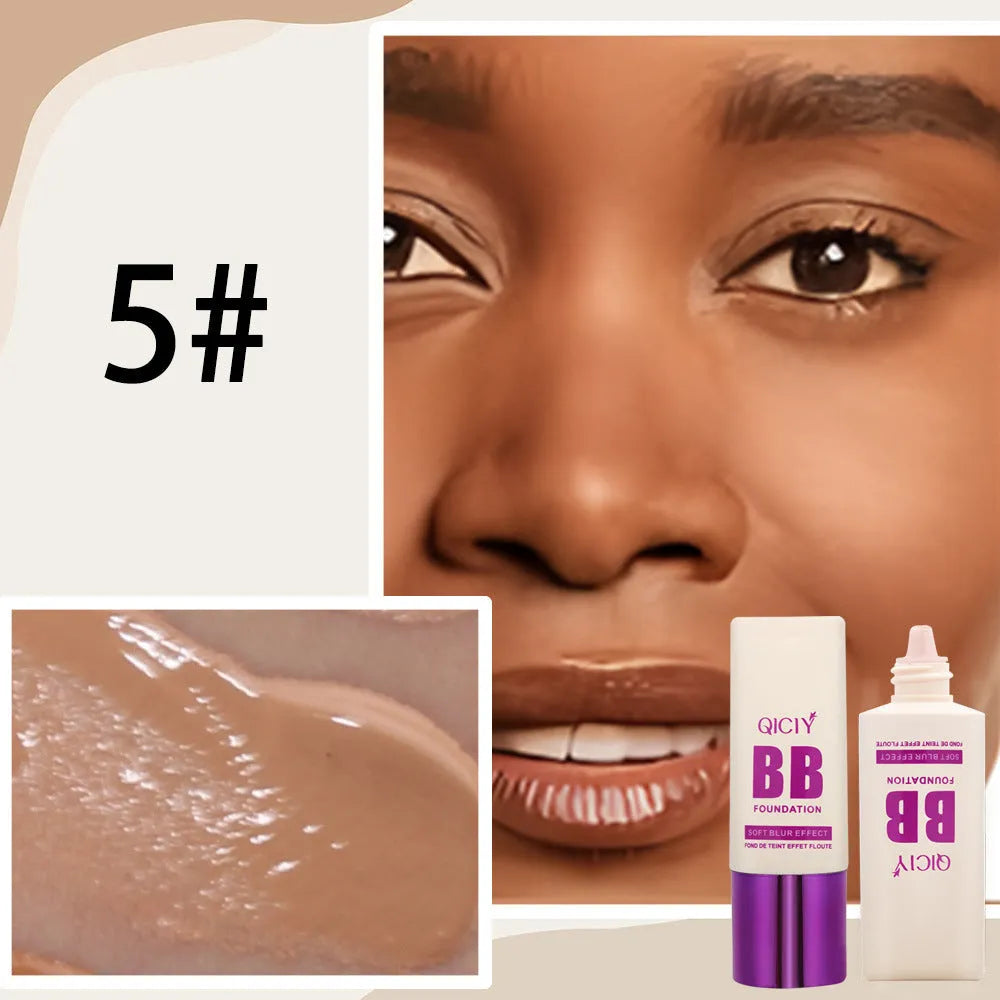 Squeezable plastic bottle of brightening BB cream liquid foundation in one of ten available shades.