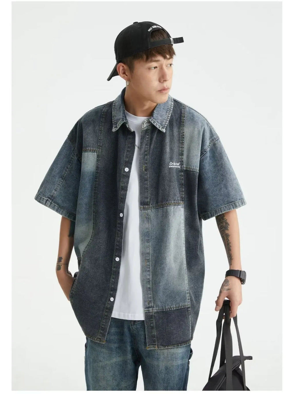 Blue Japanese-style retro washed stitching denim shirt for men with loose cardigan fit