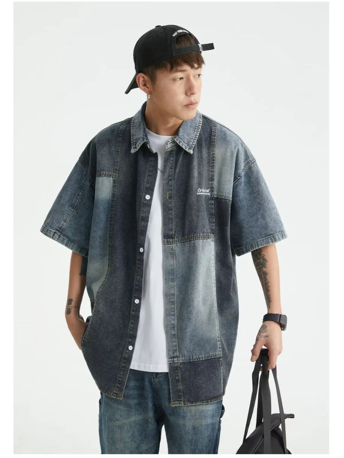 Blue Japanese-style retro washed stitching denim shirt for men with loose cardigan fit