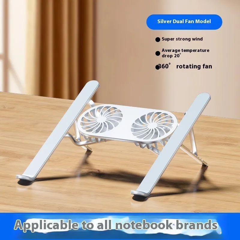 Silver aluminium laptop cooling stand with twin fans and height adjustment mechanism