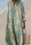 Women's long floral 3D printed shirt dress with wide waist and regular sleeves.