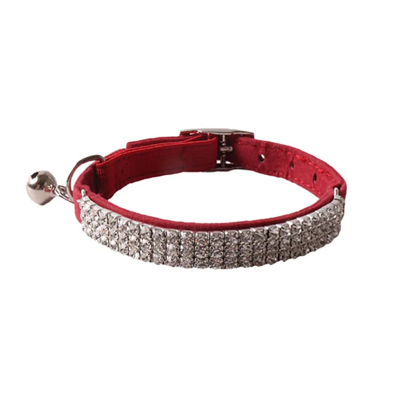 Flocking material cat collar with elastic buckle and gang drill pattern in multiple colours.