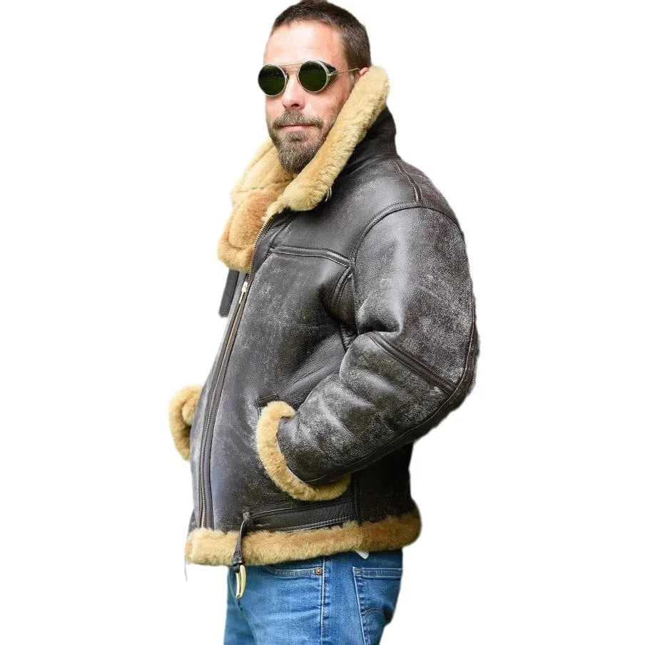 Men's retro synthetic leather fur coat with polyester lining and side seam pockets