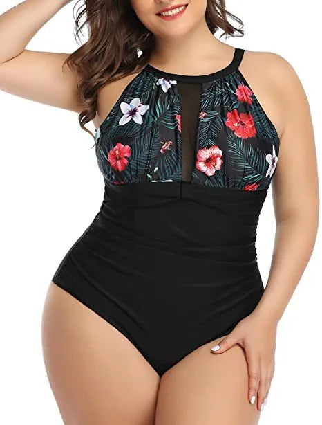 Women's one-piece swimsuit with lace body detail in solid black red flower or stripe pattern polyester fabric sizes L to 4XL