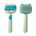 Blue double-sided pet grooming brush showing deshedding rake and dematting comb sides
