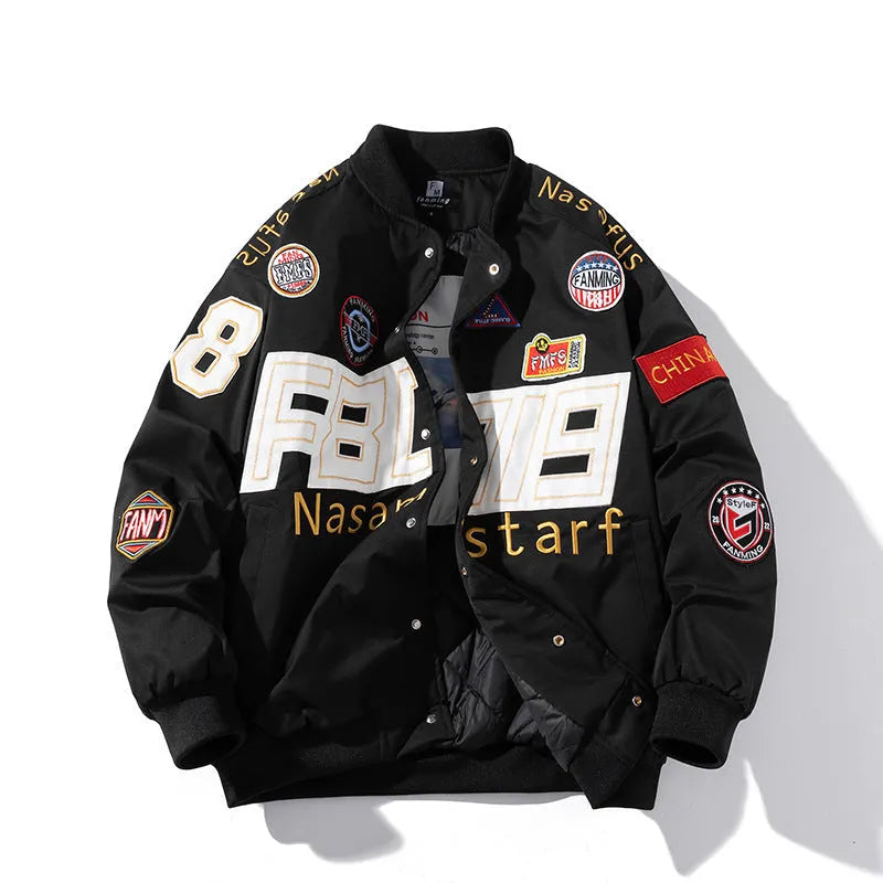 Motorcycle baseball uniform in black with removable hooded cap and side seam pockets