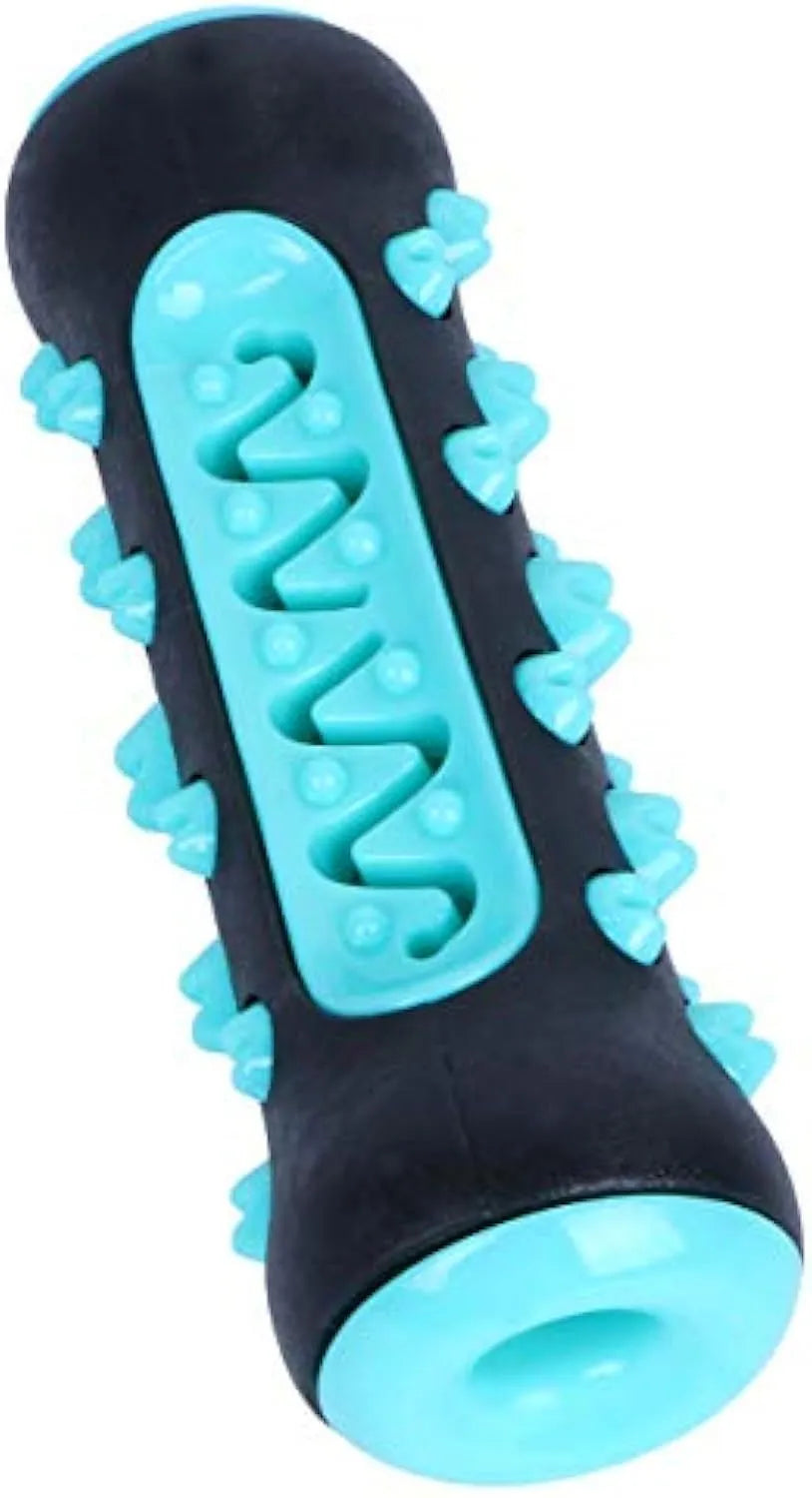 Natural rubber dog dental chew toy in blue, shaped like a toothbrush with cleaning ridges.