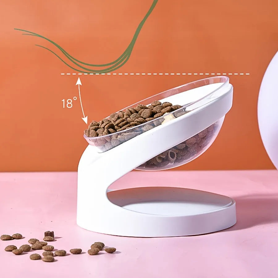 White clear elevated plastic cat food bowl with anti-vomit tilt design.