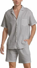 Men's summer sports shorts suit in cotton linen blend showing short-sleeved top and matching shorts