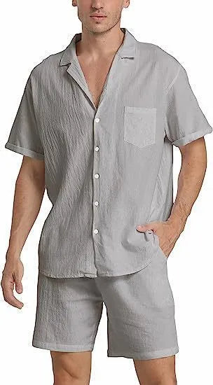 Men's summer sports shorts suit in cotton linen blend showing short-sleeved top and matching shorts