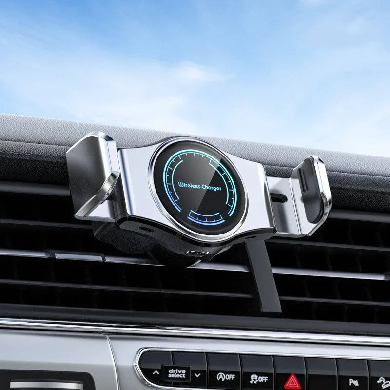 Wireless charging car phone holder, ABS snap-in air vent mount, 120mm x 110mm x 65mm, black silver gold
