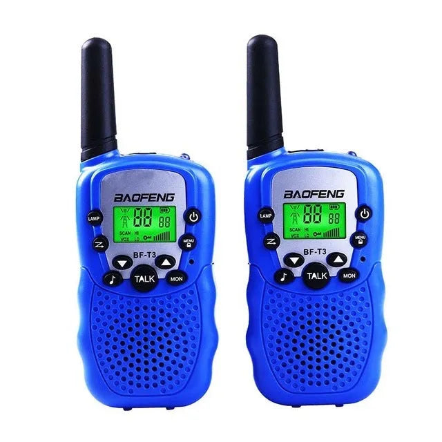 Children's walkie talkie set in various colours showing handheld design with antenna and channel selector