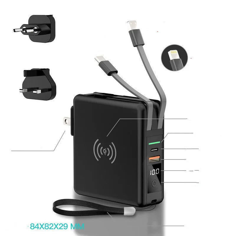 Super QI wireless charging power bank with built-in AC plug and international travel adapter in black or white colour