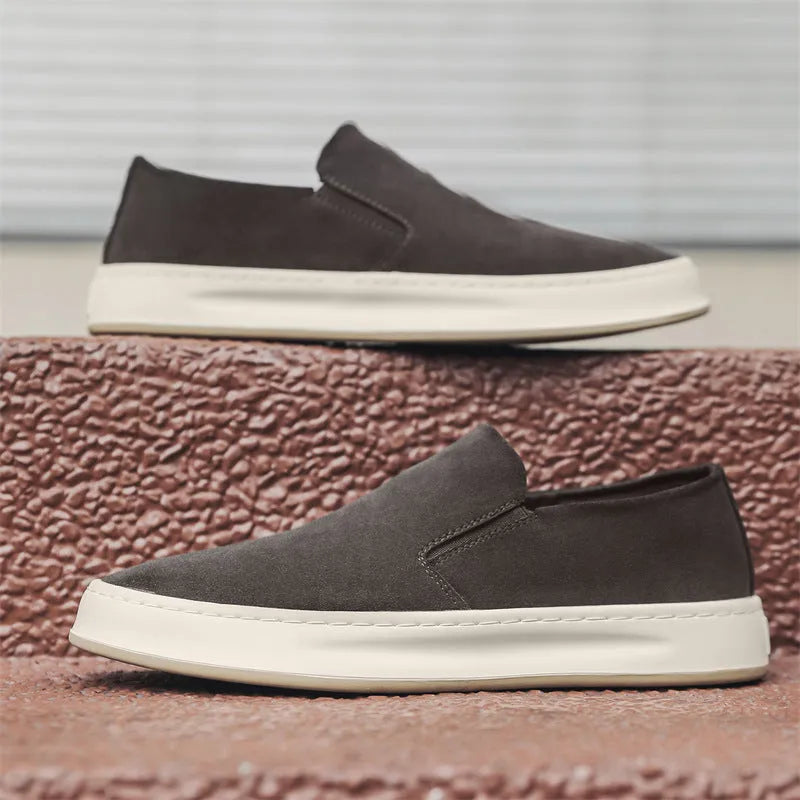 Men's grey and apricot casual slip-on shoes with height increasing insoles and round toe design
