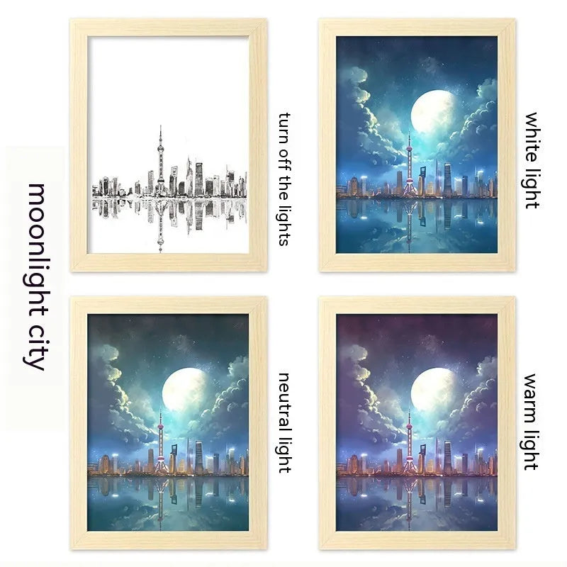 USB-powered LED luminous picture frame night lamp with modern landscape artwork on a plastic frame.