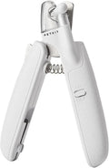 White LED pet nail clipper with transparent anti-splash guard open, showing triangular stainless steel blade