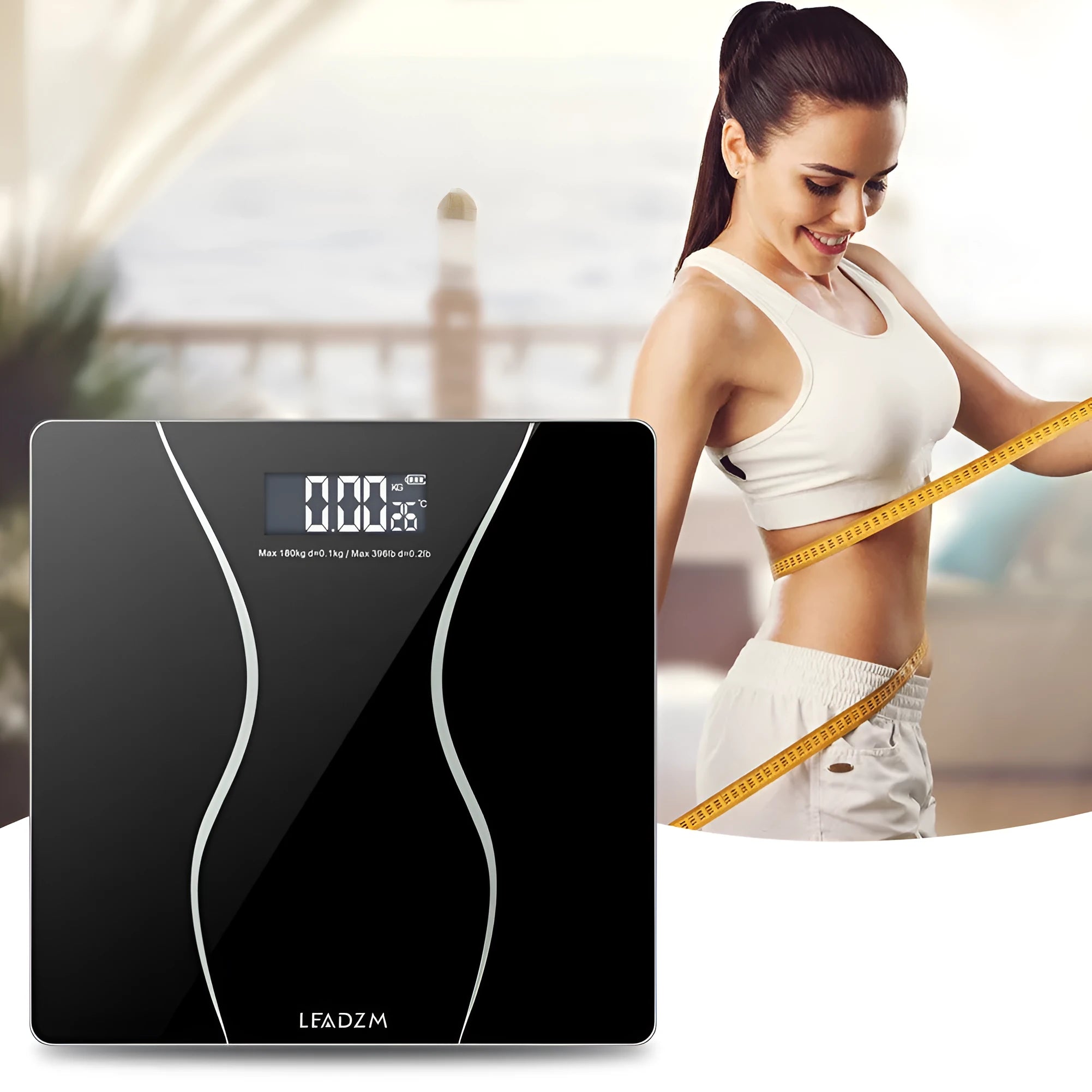Black electronic bathroom scale with digital display, 180 kg capacity