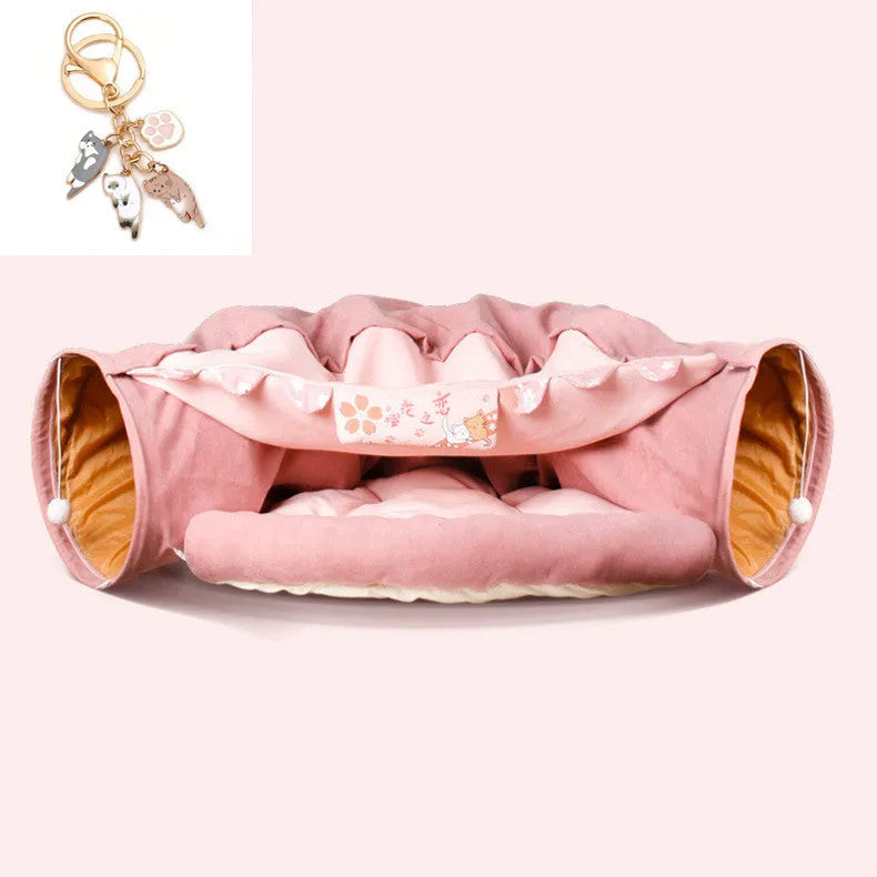 Collapsible cloth cat tunnel folded and unfolded showing Bar, Coffee, Matcha, Pink colour options