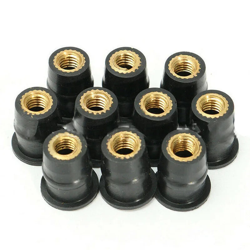 Black rubber well nut fasteners with brass inserts for motorcycle windshields, M4 M5 M6 sizes.