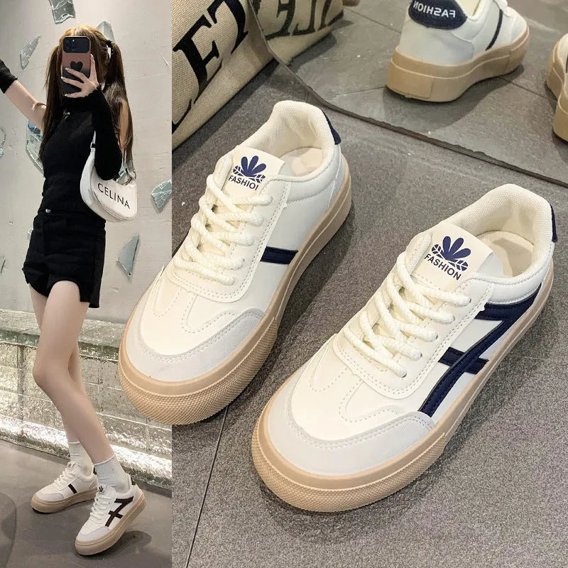 Women's blue and brown casual sports shoes with artificial PU leather upper and front lace-up fastening