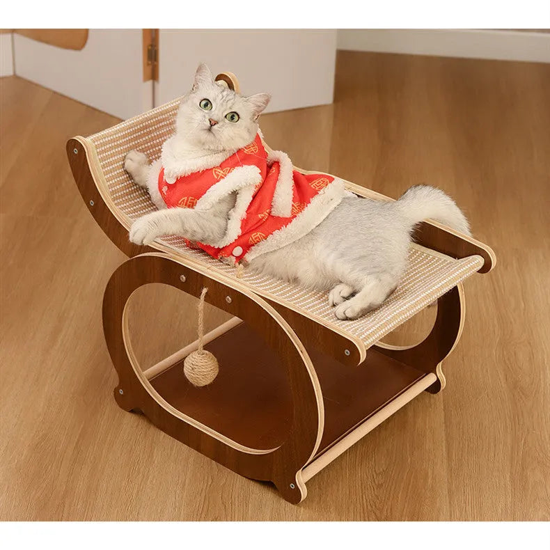 Solid wood sisal cat scratching mat in recliner style, walnut colour option