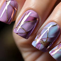 Purple striped nail stickers with European and American style design in medium length