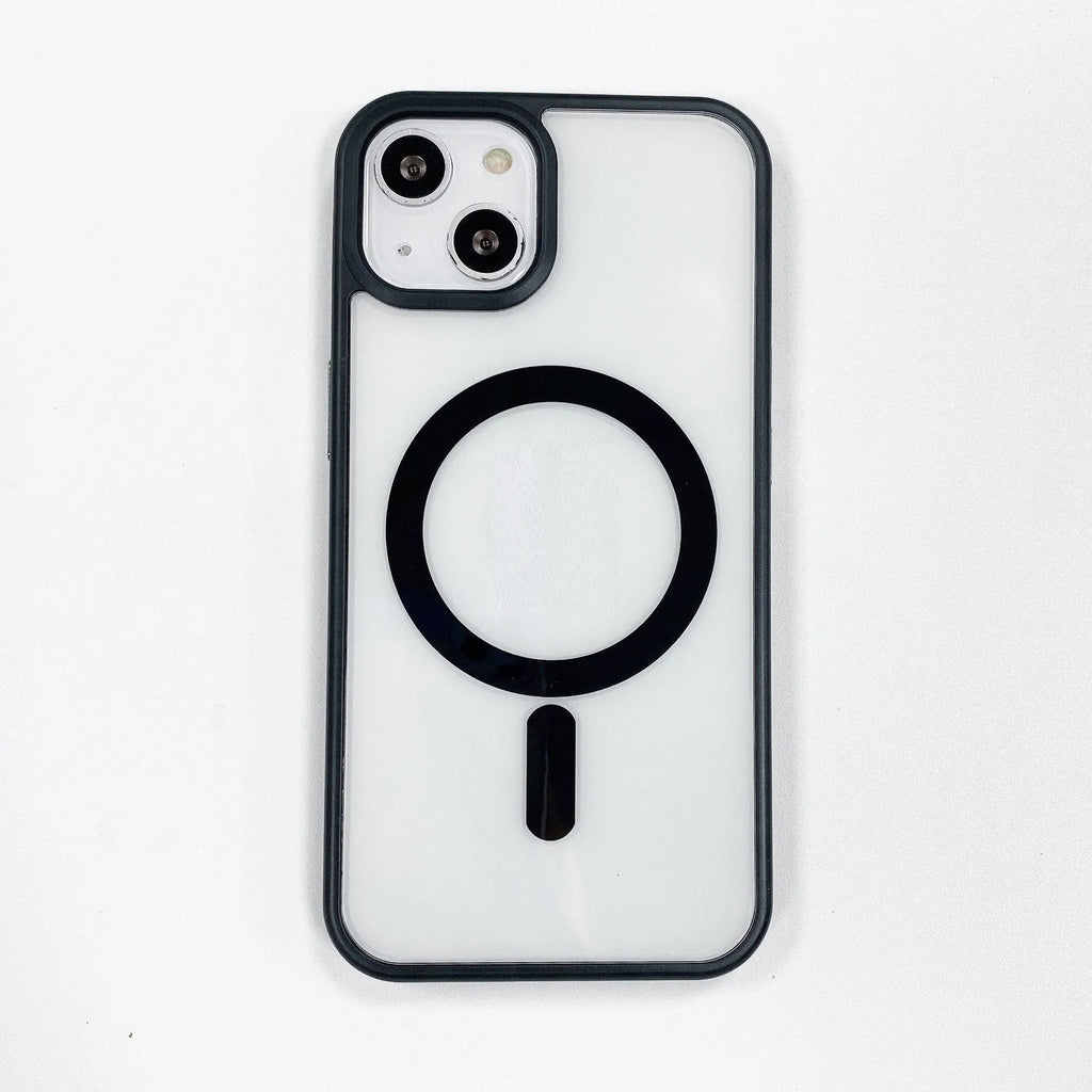 Transparent acrylic MagSafe phone case for iPhone showing magnetic ring on a pink-trimmed model.