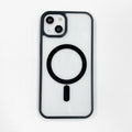 Transparent acrylic MagSafe phone case for iPhone showing magnetic ring on a pink-trimmed model.