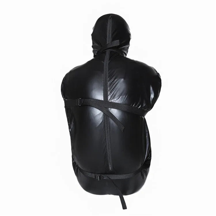 Black patent leather bondage set showing body wrap and six ratchet tie down straps