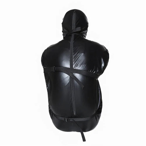 Black patent leather bondage set showing body wrap and six ratchet tie down straps