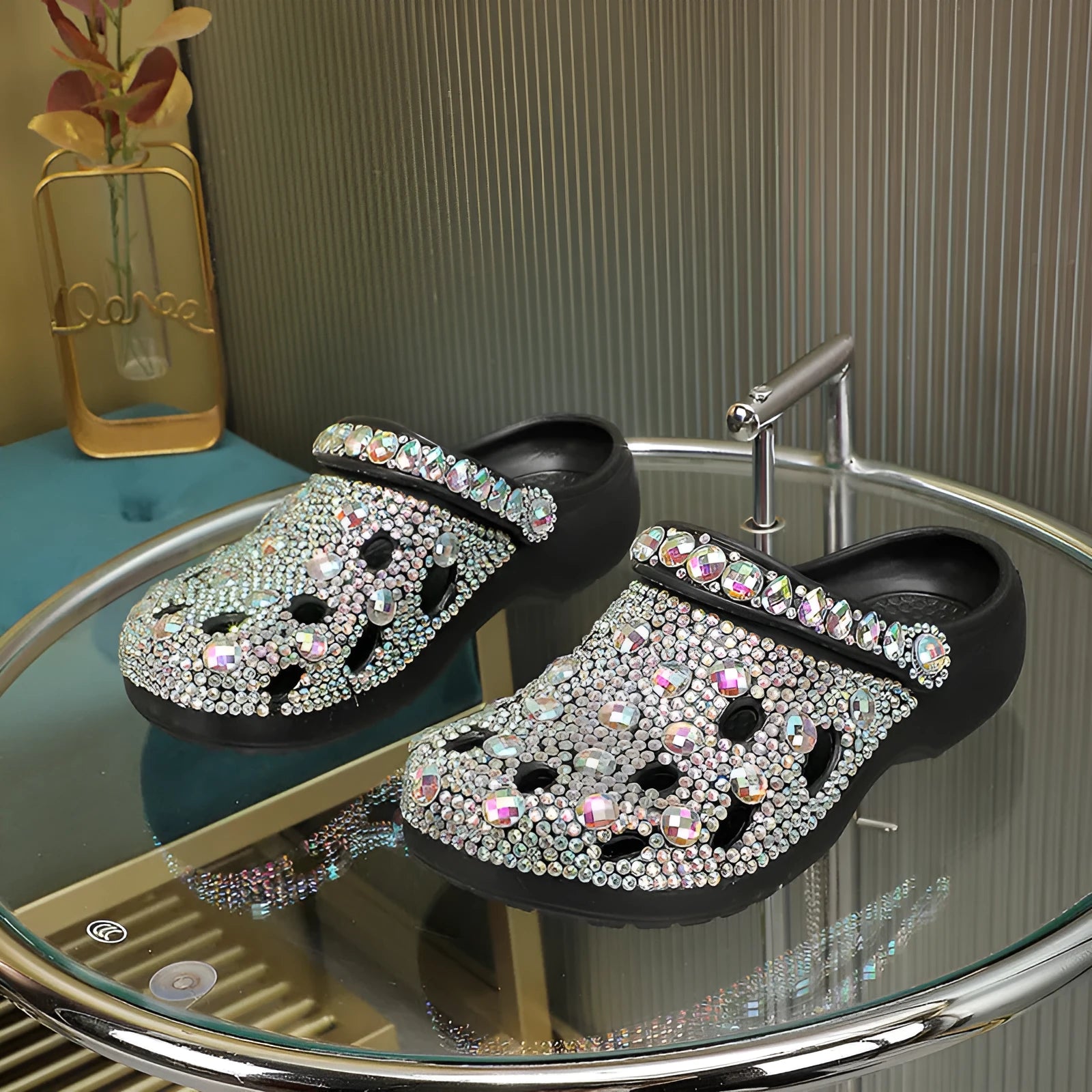 Black platform sandals with rhinestone decoration and hole shoes design for women