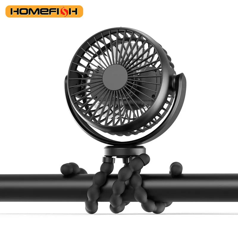 HOMEFISH F2 automatic shake head portable fan with removable bracket, LED light, and USB charging port
