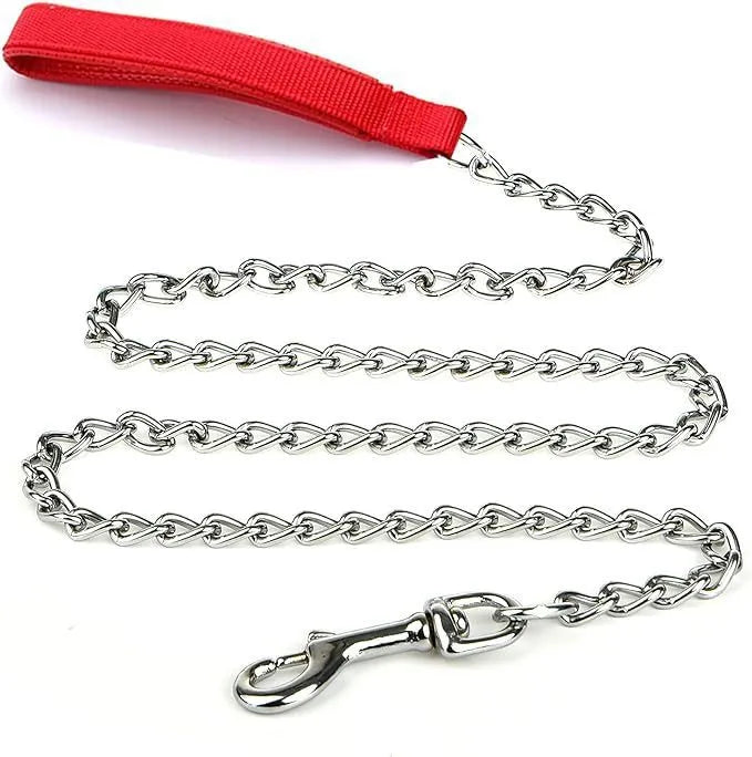 Heavy duty metal chain dog leash with a soft black padded handle, shown with a red colour option.