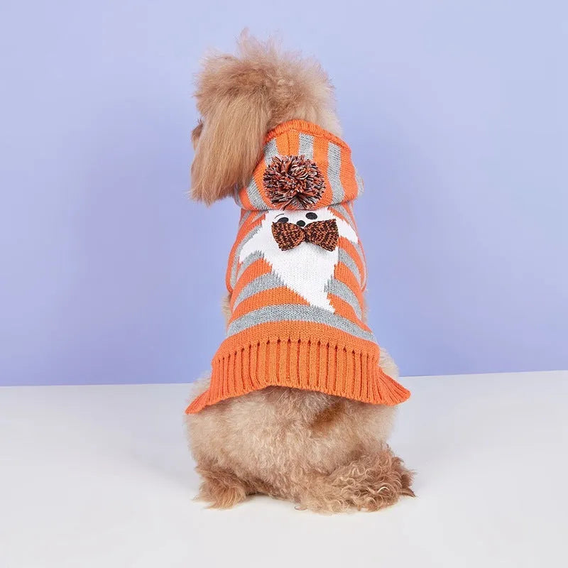Orange Halloween pet sweater with striped pattern and hooded fur ball design for cats and dogs